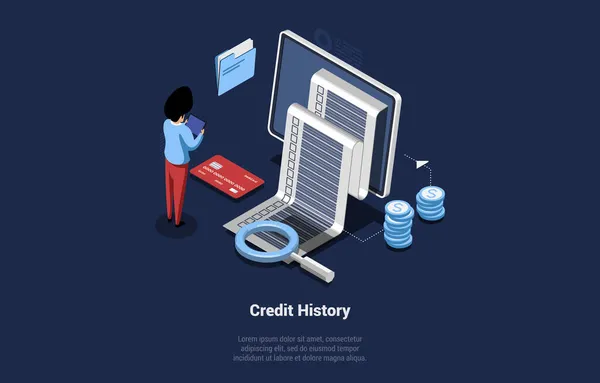 Historia del crédito de la ilustración del concepto del empresario en el estilo 3D de la historieta. Composición isométrica de vectores sobre fondo oscuro con carácter. Documento de préstamo bancario, ofertas financieras y proceso de financiación — Vector de stock