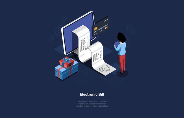 카툰 3D Syle 의 콘셉트 디자인. Vector Illustration, Imetric Composition. 《 디 A.V. 전자빌, 온라인 결제 시스템, 인터넷 상거래 서비스. 서서, 인포 그래픽 주변, 웹 주문 — 스톡 벡터