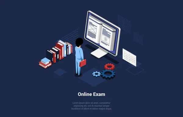 Isometric Vector Illustration On Dark Blue Background With Text, Concept Illustration In Cartoon 3D Style With Text, Character And Objects. Online Exam, Internet Course Graduation, University Student — 스톡 벡터