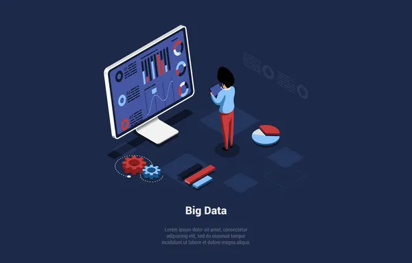 Concept Illustration, Cartoon 3D Style. Isometric Vector Composition With Writings, Infographics And Character. Big Data Server, Information Database Keeping Service, Documents And Info Cloud Storage — Stock Vector