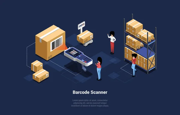 Onderwerp Illustratie, Cartoon 3D Stijl. Isometrische vectorcompositie met geschriften, infographics en personages. Barcode Scanner, Technologie Methoden van Goods Kwaliteitscontrole en Monitoring proces — Stockvector