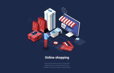 Karakterli Vektör Resimleri. Isometric Composition, Kavramsal Tasarım Çizgi film 3 boyutlu tarzında. Çevrimiçi Alışveriş, İnternet Pazarlama, Web Servisi, Program veya Mal Düzeni ve Ödeme Başvurusu