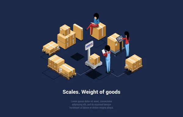 Scales, Weight Of Goods Concept Illustration On Dark Blue Background With Writing. Vector Isometric Composition In Cartoon 3D Style. Business Process, Warehouse Storage Products Measure Procedure — Stock Vector