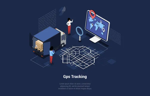 GPS-spårning Concept Illustration på mörkblå bakgrund med skrift. Vektor Isometrisk sammansättning i tecknad 3D-stil. Elektronisk navigator för att spåra varor och produkter. Onlinetjänsten. Världskarta — Stock vektor