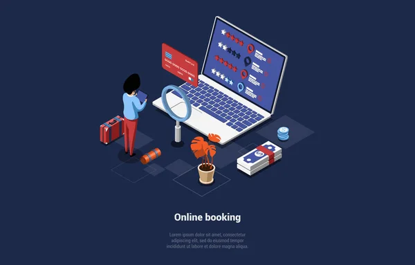 Online Booking Concept Εικονογράφηση διάνυσμα σε καρτούν 3D στυλ. Σκούρο μπλε φόντο, κείμενο. Internet Υπηρεσία απομακρυσμένης κράτησης και πληρωμής. Ο πελάτης στέκεται κοντά στο lap-top με εφαρμογή ή ιστοσελίδα — Διανυσματικό Αρχείο