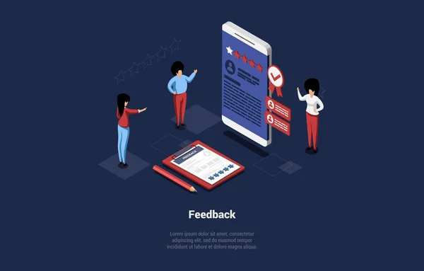 Online Feedback Concept Vector Illustration In Cartoon 3D Style. Dark Blue Background, Text. Rating Of Person Or Product, Internet Assessment Service. Program, Application Or Website With Information — Stock Vector