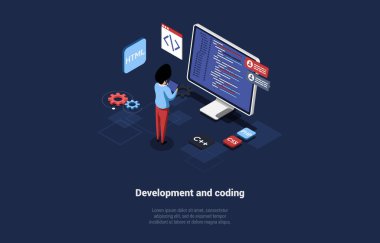 Gelişme ve Kodlama Vektörü İllüstrasyonu, Karanlık Arkaplanda 3 boyutlu karikatür tarzında. Kavramsal Isometric Tasarım. Programın Süreci, Modern Meslek. Program ya da Mobil Uygulamaların Yapımı