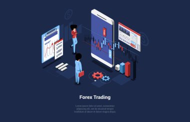 Karakterli Vektör Resimleri, Karikatür 3D Stili, Isometric Composition. Eski Ticaret Konsepti. İş Teknolojisi, Para Kazanma Servisi, Öngörü Şirketi. İş İnsanları, Ekrandaki Grafik