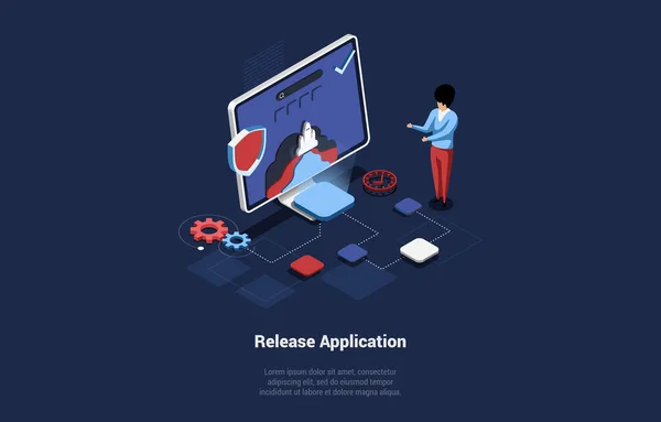 Release Application Vector Illustration In Cartoon 3D Style On Dark Background. Conceptual Isometric Design. App Produce Final Stage. Program, Website Ready. Process Of Start Off. Coding And Creating — Stock Vector