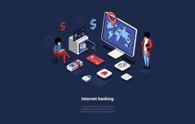 Internet Banking Vector Illustration in Cartoon 3D Style on Dark Fon. Karakterleri ve yazıları olan kavramsal Isometric Design. Çevrimiçi Program, Mali İhtiyaç İçin Web Sitesi, Müşteri Destek Servisi