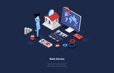 Bank Service Vector Illustration in Cartoon 3D Style on Dark Fonu. Karakterleri ve yazıları olan kavramsal Isometric Design. Finansal yardım, Para İşlem Kontrol Sistemi. Dünya Çapında Şirket