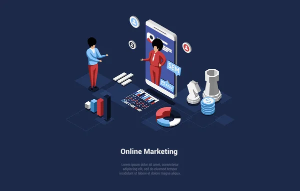 Online Marketing Εικονογράφηση διάνυσμα σε κινούμενα σχέδια 3D στυλ σε σκούρο φόντο. Εννοιολογικός ισομετρικός σχεδιασμός. Σύγχρονη Business Keeping, Internet Trading. Τεχνολογία Επαγγελματικής Πώλησης. Στρατηγική εργασίας — Διανυσματικό Αρχείο