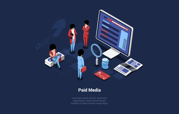 Paid Media Vector Illustration In Cartoon 3D Style On Dark Background. Conceptual Isometric Design. Mass Advertisement Means, Product Placement And Commercial, Online Business, Internet Promotion — Stock vektor