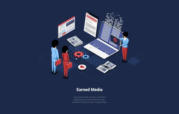 Earned Media Vector Illustration In Cartoon 3D Style On Dark Background. Conceptual Isometric Design. Mass Advertisement Means, Product Placement And Commercial, Online Business, Internet Promotion — Stock vektor