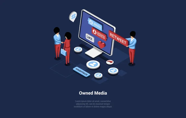 Vector Illustration With Characters, Cartoon 3D Style, Isometric Composition. Owned Media Concept. Mass Advertisement Means, Products Placement And Commercial, Online Business, Internet Promotion — Stockvektor