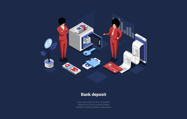 Vector Illustration With Characters, Cartoon 3D Style, Isometric Composition. Bank Deposit Concept. Finance Keeping System, Internet Business. Technology Money Support, Customer Help, Loan Ability — 图库矢量图片