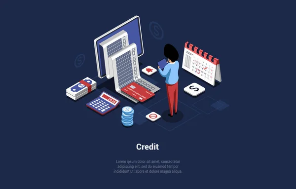 Vector Illustration With Characters, Cartoon 3D Style, Isometric Composition. 금융 신용의 개념. 인터넷 뱅킹 , Online Money Borrow, Deposit and Loan Ideas. 현대 사업에 도움이 되는 고객 — 스톡 벡터