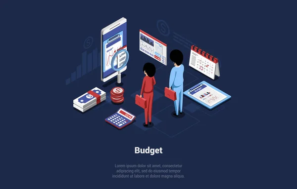 Vector Illustration With Characters, Cartoon 3D Style, Isometric Composition. Person s Budget Concept. Financial Situation, Money Elements, Cash Analyze Strategy. Two Businessmen Standing Near Phone — Stockvektor