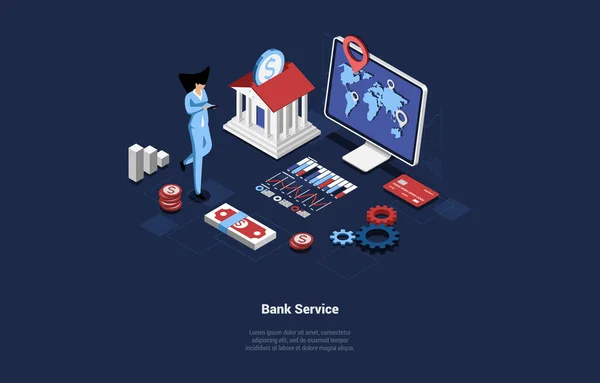 Bank Service Vector Illustration in Cartoon 3D Style on Dark Fonu. Karakterleri ve yazıları olan kavramsal Isometric Design. Finansal yardım, Para İşlem Kontrol Sistemi. Dünya Çapında Şirket — Stok Vektör
