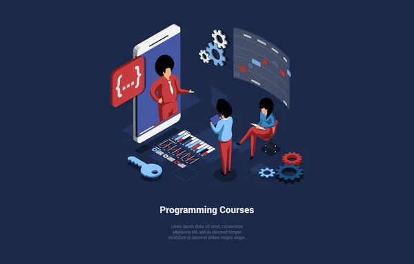 Programming Study Courses Vector Illustration In Cartoon 3D Style On Dark Background. Conceptual Isometric Design With Characters And Writing. Internet Learn, Online Education, Remote School, College — Vettoriale Stock