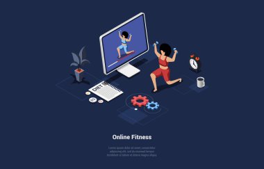 Vector Illustration In Cartoon 3D Style. Isometric Composition On Dark Background With Text, Character. Online Fitness Concept. Internet Webinar, Sport Lesson. Healthy Lifestyle Training, Gym Person