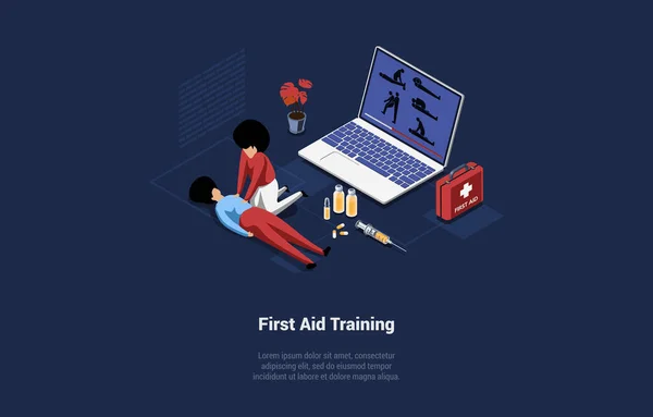 Vector Illustration In Cartoon 3D Style. Isometric Composition On Dark Background With Text And Characters. First Aid Training Concept. Medical Help Course, Lesson Of Professional Health Ambulance — Stok Vektör