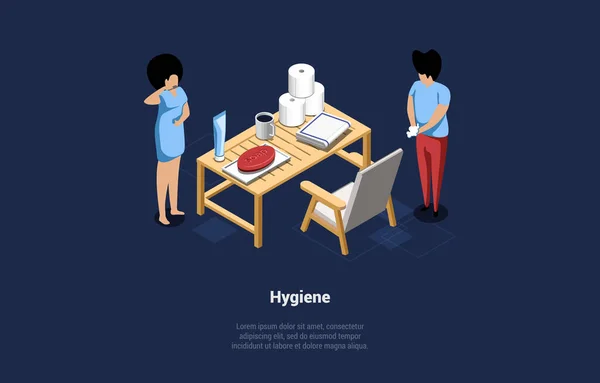 Vector Illustration In Cartoon 3D Style. Isometric Composition On Dark Background With Text And Characters. Hygiene Concept. Teeth Brushing, Hands Washing. Soap, Towels, Napkins On Table. Day Routine — Stok Vektör