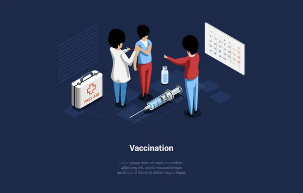 Vector Illustration In Cartoon 3D Style. Isometric Composition On Dark Background With Text And Characters. Vaccination Process Concept. Healthy Lifestyle Medical Help, Doctor Observe, Protection — 스톡 벡터
