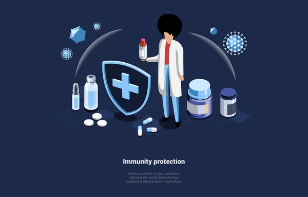 Vector Illustration In Cartoon 3D Style. Isometric Composition On Dark Background With Text And Characters. Immunity Protection Meds Concept. Healthy Life Medical Help, Doctor Observation, Heal Pills — 스톡 벡터