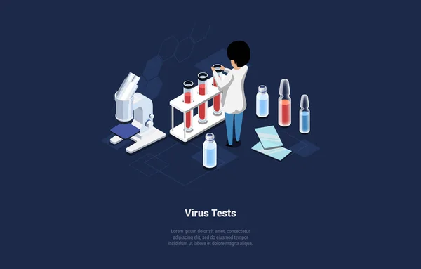 Vector Illustration In Cartoon 3D Style. Isometric Composition On Dark Background With Text And Characters. Virus Tests Concept. Medical Research, Laboratory Worker Looks For Illness Presence Or Cure — Stockový vektor