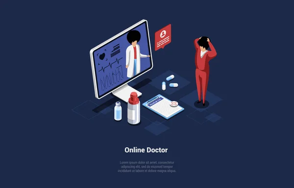 Vector Illustration In Cartoon 3D Style. Isometric Composition On Dark Background With Text And Characters. Online Doctor Concept. Internet Medical Appointment, Web Service, Aid, Help, Consultation — 스톡 벡터