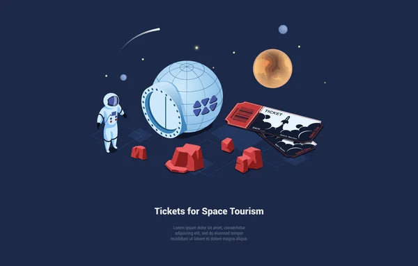 Εικονογράφηση διάνυσμα σε καρτούν 3D στυλ. Ισομετρική σύνθεση σε σκούρο φόντο με κείμενο και χαρακτήρες. Εισιτήρια για Space Tourism Concept. Διαστημάνθρωπος Κοντά στο Διαστημόπλοιο, Κόσμος, Αστέρια, Βαλίτσα, Σταθμός — Διανυσματικό Αρχείο