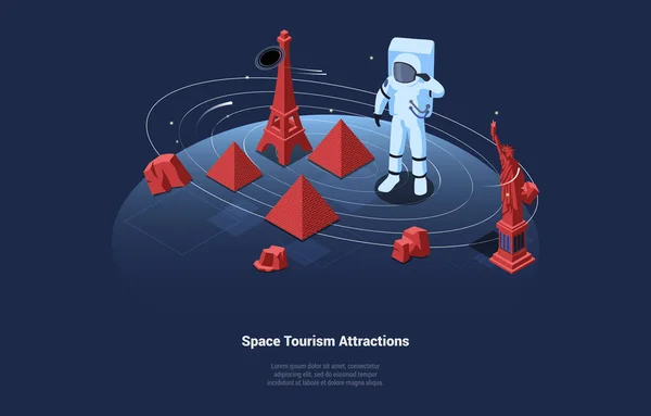 Εικονογράφηση διάνυσμα σε καρτούν 3D στυλ. Ισομετρική σύνθεση σε σκούρο φόντο με κείμενο και χαρακτήρες. Space Tourism Αξιοθέατα Concept. Αστροναύτες στην επιφάνεια του πλανήτη, διάσημα αντικείμενα που στέκονται — Διανυσματικό Αρχείο