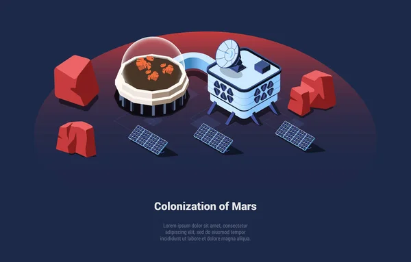 Αποικισμός της έννοιας του Άρη εικονογράφηση. Ισομετρική σύνθεση διάνυσμα σε καρτούν 3D στυλ. Space Tourism και Cosmos Ταξίδια. Διαστημόπλοιο και ειδική κάψουλα επιφάνειας, ηλιακή ενέργεια μπαταρία, φυτά — Διανυσματικό Αρχείο