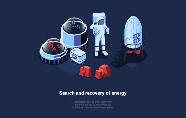 Search And Recovery Of Energy Concept Illustration. Isometric Vector Composition In Cartoon 3D Style. Futuristic Ways Of Space Exploration. New Modern Methods. Astronaut In Suit On Surface, Plants — Stock Vector