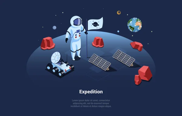 Utforskning av rymden Expedition Koncept Illustration. Isometrisk vektorsammansättning I tecknad 3D-stil. Astronaut i kostym på planetytan. Marskolonisering, kosmonautresor, flaggning, solbatteri — Stock vektor