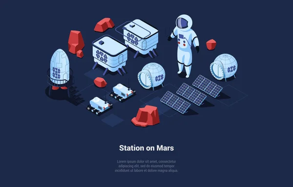 Σταθμός On Mars Concept Εικονογράφηση. Ισομετρική σύνθεση διάνυσμα σε καρτούν 3D στυλ. Αστροναύτης με κοστούμι στην επιφάνεια του πλανήτη. Space Colonization, Cosmonaut Travelling, Ηλιακή μπαταρία, αντικείμενα διαστημικής τέχνης — Διανυσματικό Αρχείο