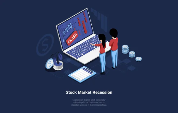 Ilustrasi Konsep Resesi Pasar Saham. Isometric Vector Composition In Cartoon 3D Style (dalam bahasa Inggris). Masalah keuangan, Global Currency Fall, Money Business Company. Karakter Berdiri di Laptop Dekat Dengan Info - Stok Vektor