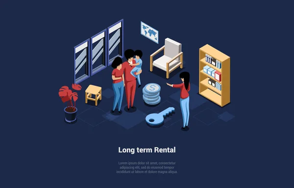 Long Term House Rental Concept Εικονογράφηση. Ισομετρική σύνθεση διάνυσμα σε καρτούν 3D στυλ. Οικογενειακοί χαρακτήρες που πωλούν ή αγοράζουν νέο σπίτι. Μεσιτικό γραφείο. Εσωτερικό, δωμάτιο με αντικείμενα — Διανυσματικό Αρχείο