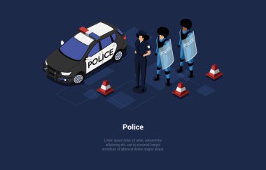 Vektör İllüstrasyonu. Karakterli karikatür 3D tarzı. Polis Ekibi Halkı Konsepti 'ndeki Isometric Composition. Otomobil, yakındaki üniformalı polisler. Koruyucu giysi, kalkanlar, işaretler, bilgi elementleri