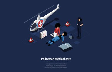 Vektör İllüstrasyonu. Karakterli karikatür 3D tarzı. Polis Tıbbi Bakım Konsepti üzerine Isometric Beste. Acil yardım, sağlık hizmetleri ilk yardım çantası. Helikopter, Yakın İşçiler. Bilgi Özellikleri