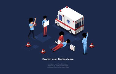 Vektör İllüstrasyonu. Karakterli karikatür 3D tarzı. Protestocu Adam Tıbbi Bakım Konsepti üzerine Isometric Beste. Acil yardım, sağlık hizmetleri ilk yardım çantası. Minibüs, yakında işçiler var. Bilgi Özellikleri