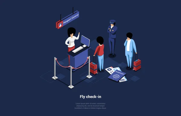 Illustrazione vettoriale. Stile 3D del fumetto con i caratteri. Composizione isometrica al momento del check-in di volo Concetto di viaggio aereo. Luogo di controllo passaporti, processo di registrazione, servizio aereo, persone in piedi — Vettoriale Stock