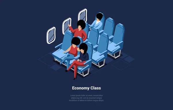 Ilustração vetorial. Desenhos animados 3D Estilo com caráter. Composição Isométrica no Conceito de Voo de Avião Classe Econômica. Pessoas sentadas no avião. Grupo de personagens. Escritos, elementos infográficos perto — Vetor de Stock