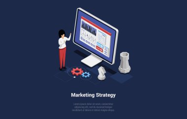 Vektör İllüstrasyonu. Karakterli karikatür 3D tarzı. Pazarlama Stratejisi Konsepti 'ndeki Isometric Composition. Ekranda Bilgiye, Bilgiye, Grafiklere, Diyagramlara, Mekanizmalara, Satranca, Karaktere Sahip Bilgisayar