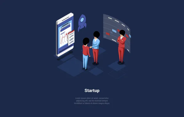 Vektorová ilustrace. Karikatura 3D styl s znakem. Isometric Composition On Business Startup Idea Concept. Team Of Workers Standing Near Smartphone With Diagrams And Graphs, Infographic Elements — Stockový vektor