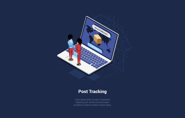 Vector Illustration On Post Office Tracking Service And Vehicles Concept. Isometrische 3D-Komposition im Cartoon-Stil. Dunkler Hintergrund und Schreiben. Menschen am Laptop mit Karte und Box auf dem Bildschirm — Stockvektor