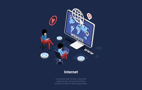 Global Social Network, Business Connection Concept. Digital World on the Converging Point of Circuit. People Using Internet. Future of the Internet and Technology. Eisometric 3d Vector Illustration — Stock Vector