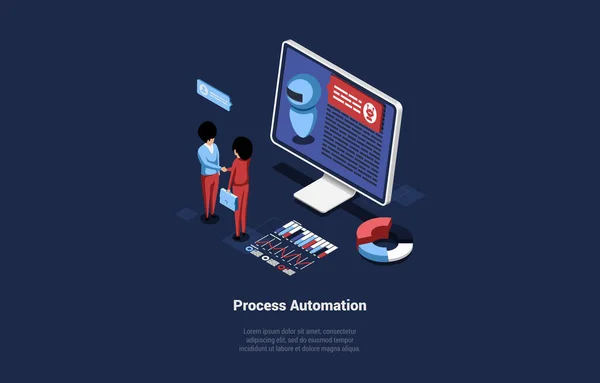 Concept van Automatiseringsorganisatie, fabrieksproductie, productieproces en AI. Robot en technicus in uniform besturen van de robotarm op assemblagetransporteur. Isometrische 3D vectorillustratie — Stockvector