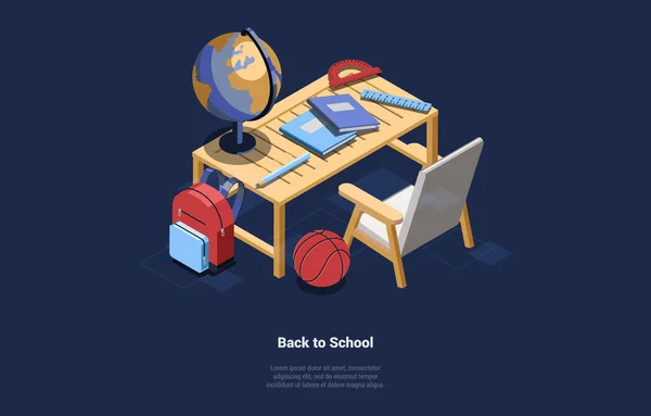 Okula Dönüş ve Yeni Akademik Yıl Konsepti. Öğrenim için aksesuarlı okul masası. Sırt çantası, Kalem, Cetvel, İletki, Küre, Basketbol, Masadaki Defterler. Isometric 3D Vektör İllüstrasyonu — Stok Vektör